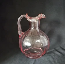Fenton Pink Glass Pitcher 7" Ruffled Rim Ribbed Handle Vintage 1970s