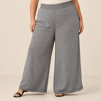 Max Studio London 3X Black Ivory Daisy Grid Wide Leg Palazzo Pants NWT