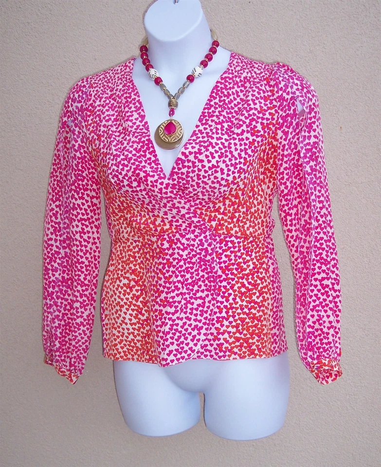 BCBG Max Azria SILK HEARTS Top Blusa Talla S Rosa Rojo Púrpura Camisa Maxazria Foto 2 de 4