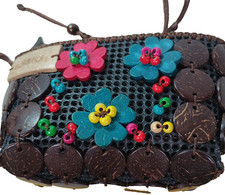 Vintage Jamaica Coconut Shell Mini Purse Floral Beaded Crossbody Island Souviner