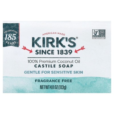 100% Premium Coconut Oil Castile Bar Soap, Fragrance Free, 4 oz (113 g)
