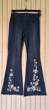 Chelsea & Violet Pull On Flared Jeans Girls Blue Denim Floral Embroidered Sz 5