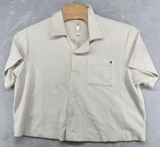 Fabletics Crinkle Knit Boxy Button Down Shirt Beige Women’s Size L