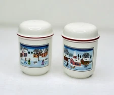 VILLEROY & BOCH Naif Christmas Salt & Pepper Shaker Red Rim Set Ceramic Holiday