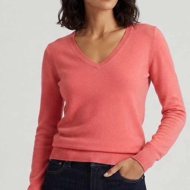 Stile Benetton Cashmere Blend V-Neck Sweater Coral Pink Italian Yarn Womens
