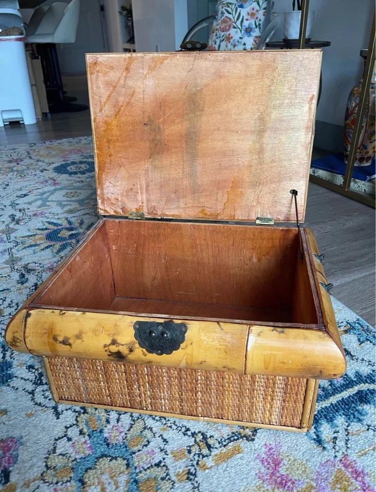 Baúl vintage asiático boho chic bambú quemado mimbre ratán con tapa Foto 3 de 4