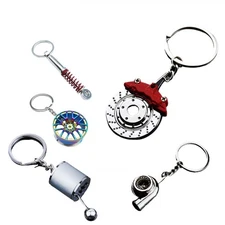 5PCS Metal Car Parts Key Chain Set with Brake Rotor, Worm Wheel, Tire Rim