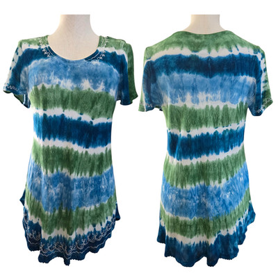 India Boutique Tie Dye Tunic Top Embroidered Trim Boho Festival Peasant Blouse