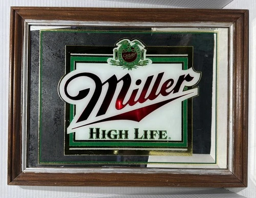 Vintage Miller High Life Bar Mirror Beer Sign Wood Frame 20” X  15” AS-IS Patina