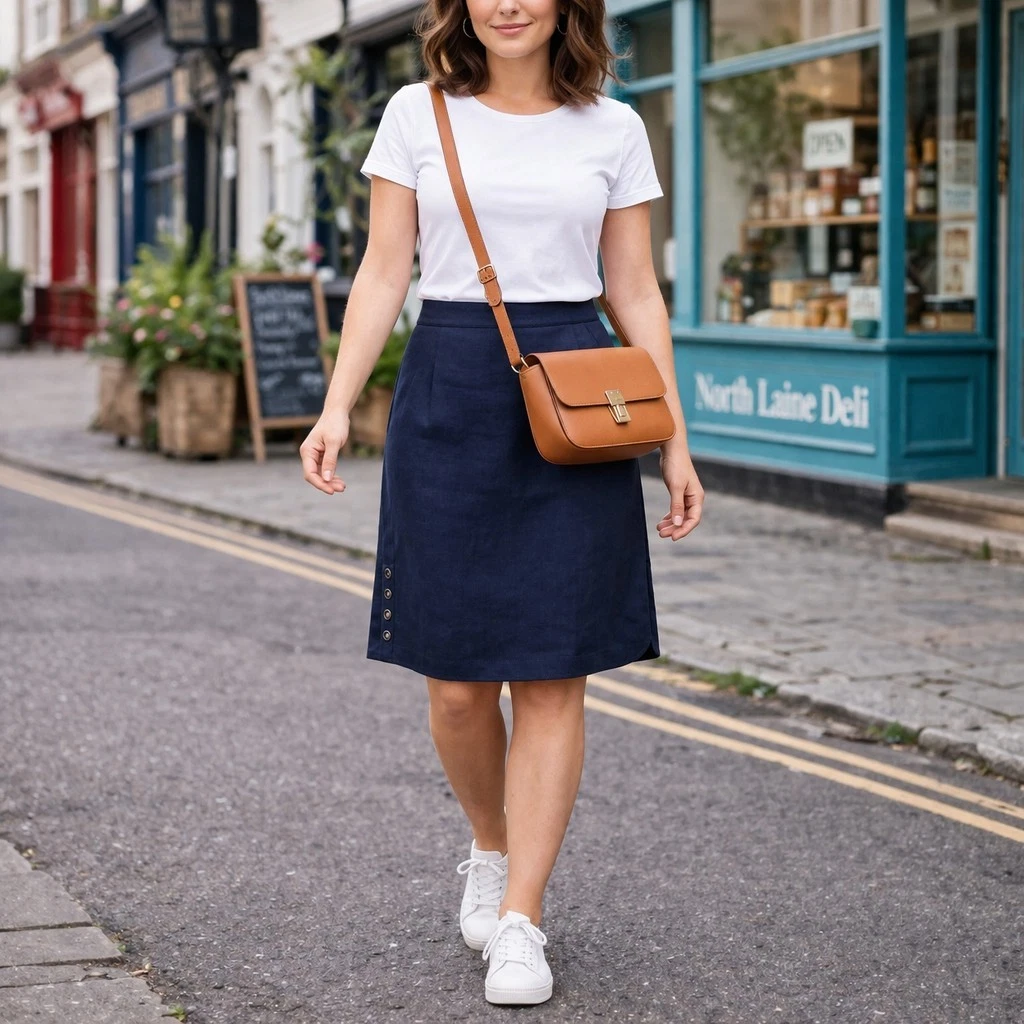 Scottage Linen Skirt UK 18 Navy Blue Knee Length Rounded Hem Button Detail