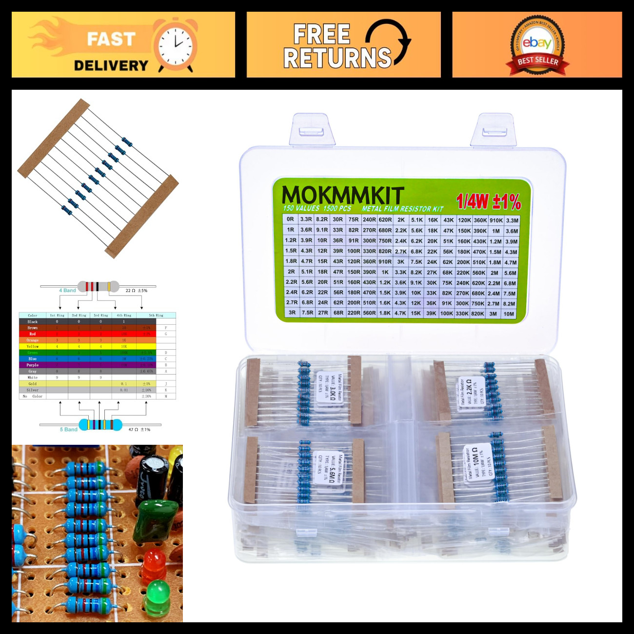 1500-Piece Resistor Kit - 0-10M Ohm, 1/4W, 1% Tolerance, Electronics Components