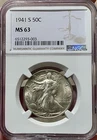 1941 S Walking Liberty Silver Half Dollar, NGC MS 63.