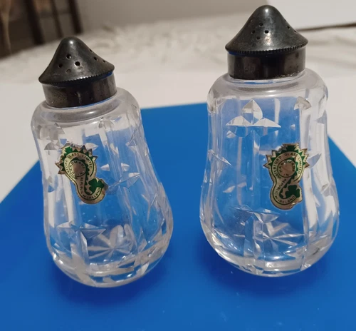 Vintage Waterford Sticker Kelsey Crystal Glass 4" Salt Pepper Shaker Lid Set
