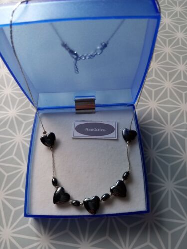 Silver Plated & Hemotite Heart Necklace. Darm Grey. New, Boxed