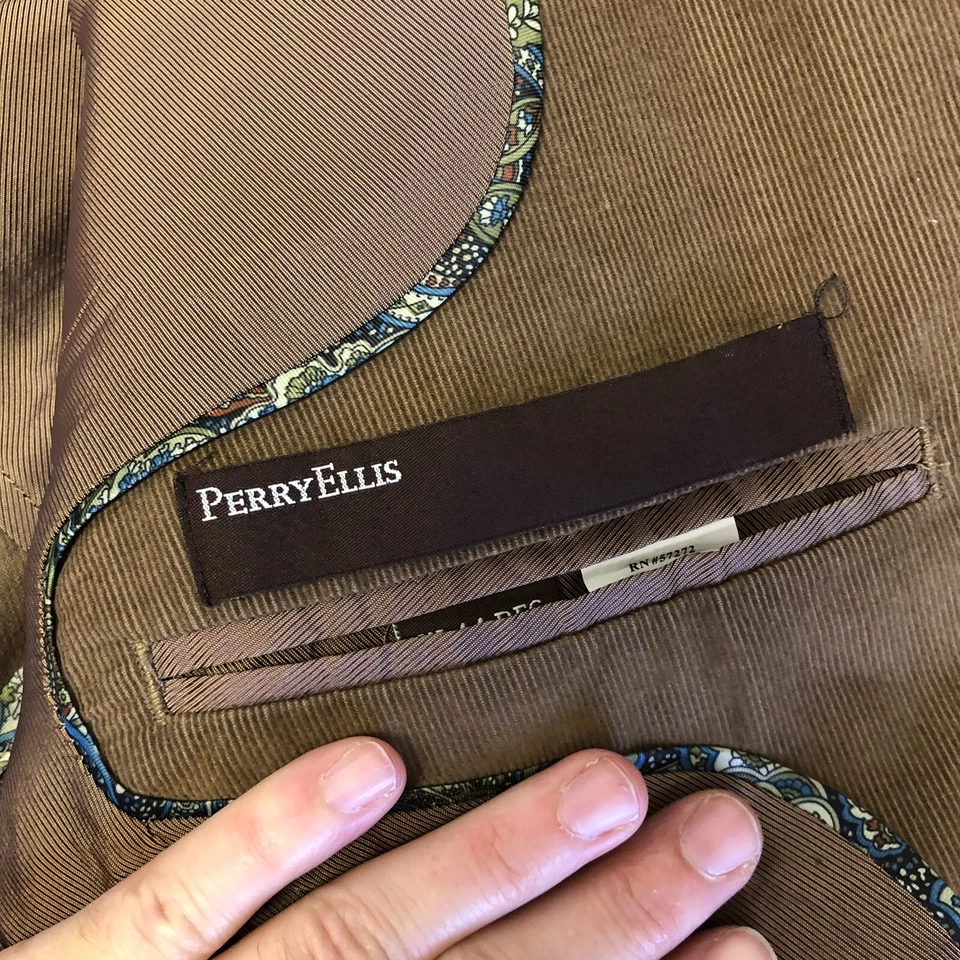 Perry Ellis Men Sport Coat Brown RIBBED Jacket Cotton Corduroy Modern Blazer 44 - Image 2 of 4