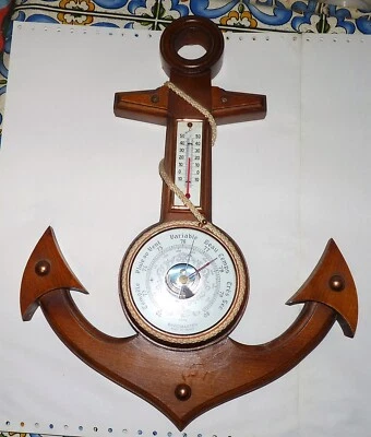 VINTAGE GROS BAROMETRE THERMOMETRE BAROMASTER FRANCE DECOR BOIS ANCRE MARINE - Photo 1/4