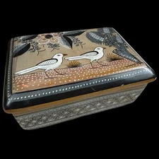 Vintage Mexican Tonala Jimon Pottery Trinket Box w Lid Handpainted Bird Folk Art