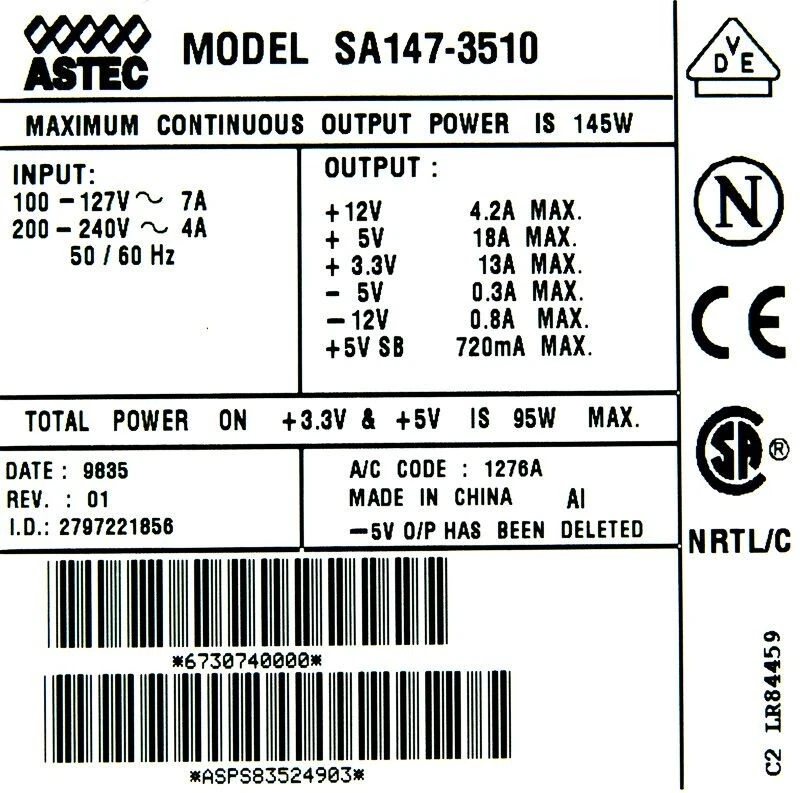 NETZTEILE ASTEC SA147-3510 145WATT ATX 20-pin 3xMOLEX FDD - Bild 3 von 3