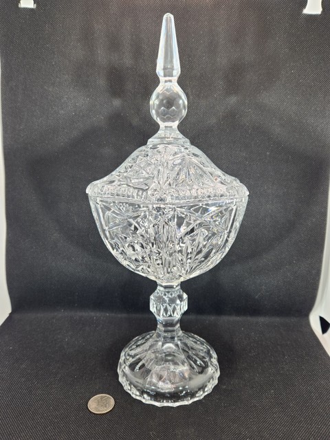 Clear Lead Crystal Pedestal Compote w/ Lid 14" Fan Knob Hexagon Criss-Cross Star Clear Lead Crystal Pedestal Compote w/ Lid 14" Fan Knob Hexagon Criss-Cross Star