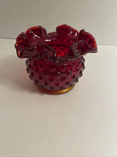 VTG Fenton Deep Red Ruffled Edge Hobnail Rose Bowl 3” Vase
