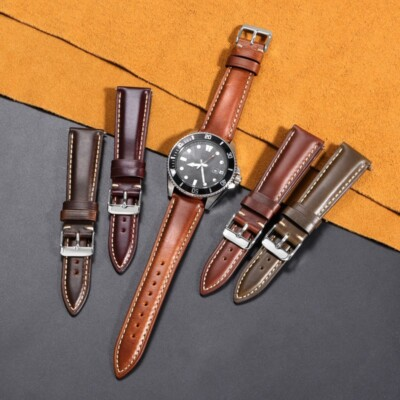 #ad Glossy Genuine Leather Watch Band Vintage Oiled Cowhide Strap 18 19 20 21 22mm $18.88