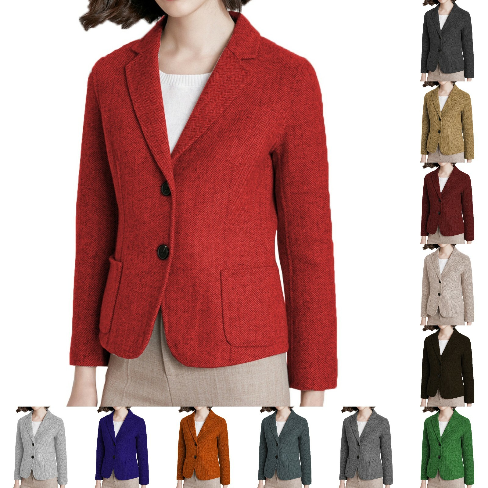 Casual Womens Suits Jacket Tweed Blazer 
