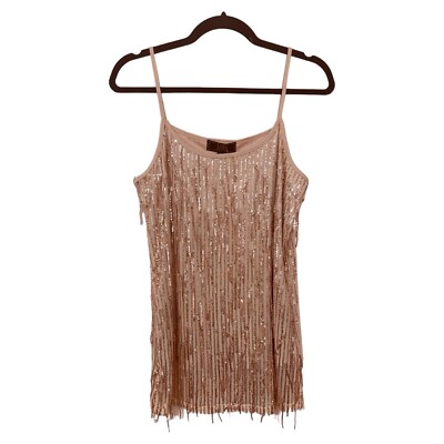 Lucky & Blessed Women's S/M Tan Rose Gold Sequin Fringed Sphagetti Strap Tank