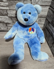 Ty Beanie Buddies 2003 14" Peace Blue Bear Plush Tie Dye Rainbow Animal Pillow