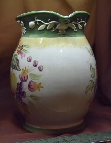 Fall Fruit Autumn Pitcher 7.5" tall Green Border And Handle Marked WCL - Picture 2 of 5