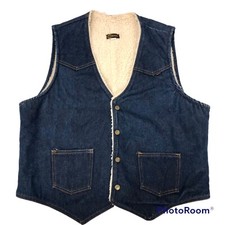 Vtg 70s Key Jeans Blue Cowboy Western SHERPA Fleece Waistcoat DENIM Rancher Vest