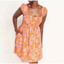Old Navy Women Floral Dress Large Open Back Fit Flare Boho Cottage Garden Orange