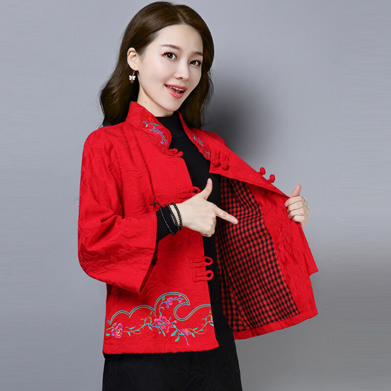 ジャケット・アウター Ethnic Embroided Design No Collar Jacket Ladies Embroidery Floral Coat Jacket Top Warm Mandarin