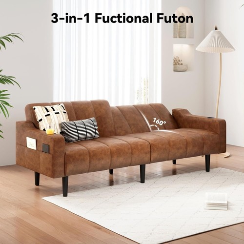 80" Leather Couch 3-in-1 Convertible Sofa Bed with Adjustable Backrest Brown