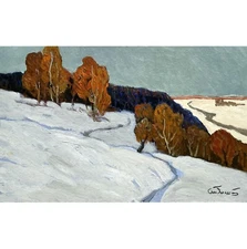 Original oil painting Sunset Winter Snow Landscape by Ukraine artist O.Bednoshey