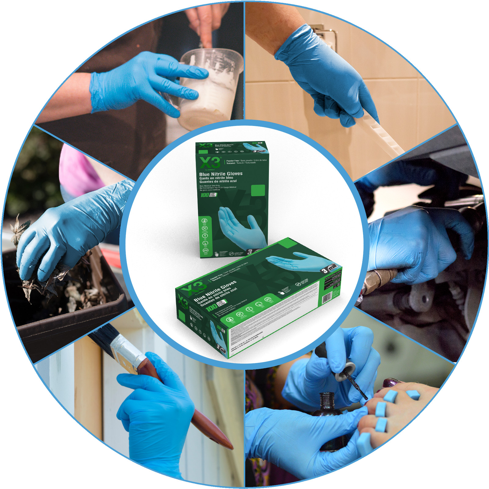 X3 Blue Nitrile Disposable Industrial Gloves Mil Latex-Free/Food