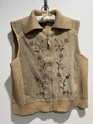 Vtg Leather Knit Vest Womens Sz L Floral Tan Embroidery Zip Up Y2K Western Boho - Picture 7 of 9