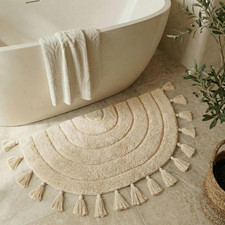 Boho Half Circle Bathroom Rug with Tassels 100 Cotton Non-Slip Absorbent