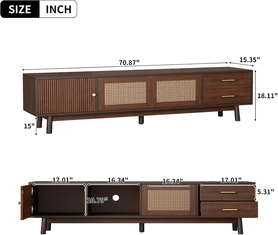 Soporte de TV de ratán para televisores de 80", consola multimedia con puertas correderas de ratán y 2 cajones Foto 3 de 4
