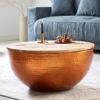 Runder Couchtisch Orient Storage 60Cm Kupfer Hammerschlag Akazienholz Stauraum