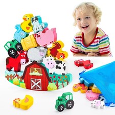 Montessori Toys for Kids 3-7 Wooden Farm Animal Blocks Stacking Games Educati...