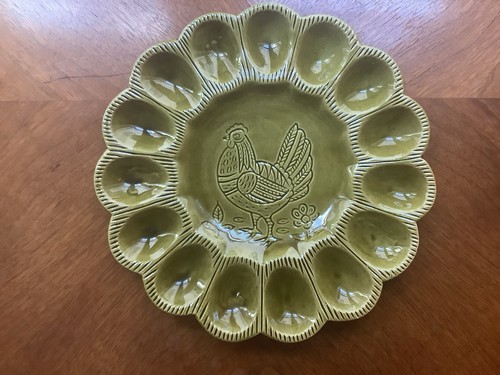 VTG California Pottery 529 Avocado Green Deviled Egg Chicken Hen Plate Farmhouse - Picture 9 of 9