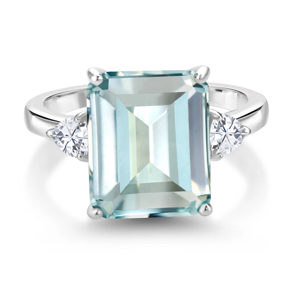 Anillo de plata de ley 925 de 3 piedras aguamarina simulada moissanita (5,73 quilates) Foto 2 de 3