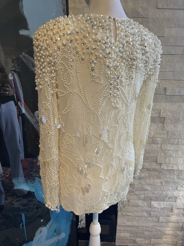 VTG 1980s Oleg Cassini Cream Silk Pearl Beaded And Sequin Blouse Size Small - Picture 14 of 22