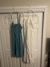 Lot 2 Summer Dresses Teal Button Front Midi + White Lace Smocked Tiered Sz L
