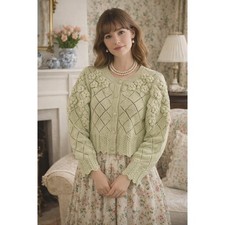 CAROLINE CONSTAS Sage Floral Appliqu s Diamond Knit Cropped Cardigan L NWT