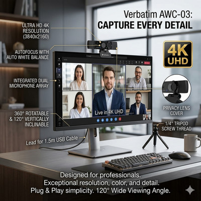 Verbatim AWC-03 4K Ultra HD Webcam Dual Microphone Professional 4K Autofocus Web
