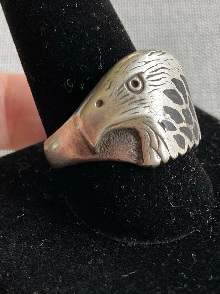 Anillo Wheeler de plata esterlina con incrustación de hematita negra azabache cabeza de águila 11 de colección Foto 3 de 4