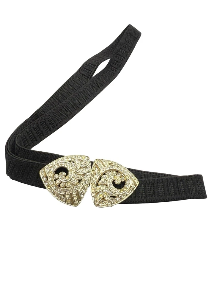 Antique Art Deco Clear Paste Stones Belt Buckle w/ Black Elastic Waist Belt  - Image 4 of 4