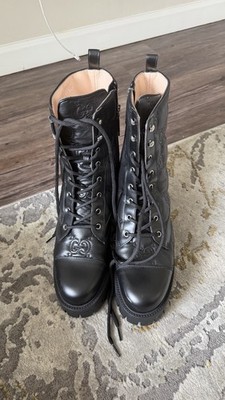 Gucci GG Logo Quilted Lace up Leather Lug Sole Combat Boots in