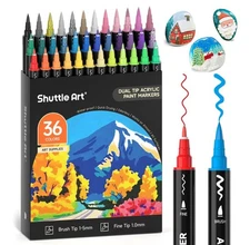 Shuttle Art 36 Colors Dual Tip Acrylic Paint Markers Brush and Fine Tip Art